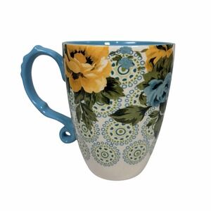Pioneer Woman Teal Floral Mandala Coffee Mug 20 oz Yellow Rose Stoneware Jumbo